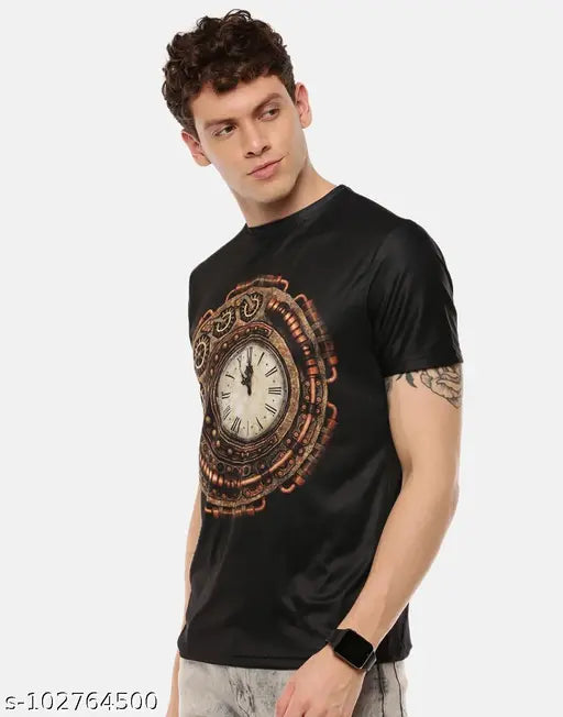 Black polyester short sleeves men's t-shirt with printed clock design, made in India