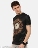 Black polyester short sleeves men's t-shirt with printed clock design, made in India