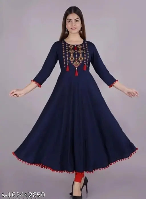 Rayon embroidered kurti for women with attached latkans, gold-printed three-quarter sleeves. Indian women's fashion accessory, size S-XXXL