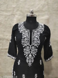 Embroidered rayon chikankari work kurti with plazoo bottomwear, three-quarter sleeves, Indian craftsmanship