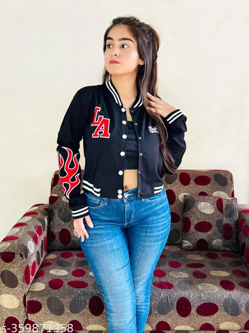 Elastodiene black bomber jacket for women & girls, embroidered net design, long sleeves, Indian-made outerwear