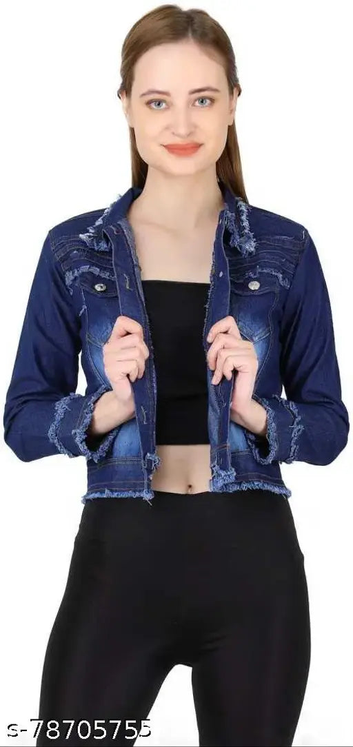 Dark denim women's 3 patti jacket, solid pattern, long sleeves, enhances wardrobe versatility