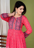 Printed viscose rayon long sleeve gown, vibrant festival fashion on mannequin
