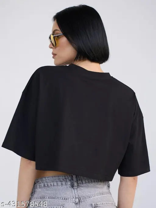 Black printed polka cat cotton crop top for women's & girls, short-sleeved, half-length, round neck, loose fit, breathable, moisture-wicking, India origin