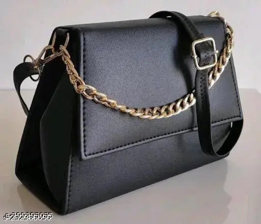A stylish black sling bag with a gold chain strap, featuring a spacious main compartment and multiple smaller pockets