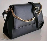 A stylish black sling bag with a gold chain strap, featuring a spacious main compartment and multiple smaller pockets