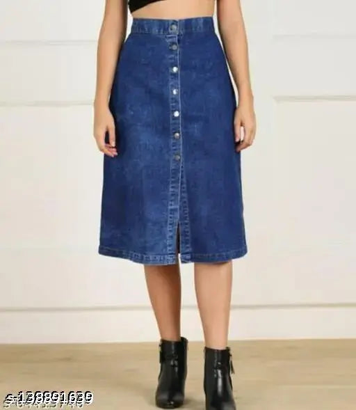 Trendy navy denim skirt with two button front and pockets, women's fashion