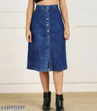 Trendy navy denim skirt with two button front and pockets, women's fashion