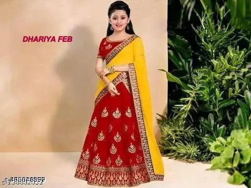 Embroidered satin LENGHA CHOLI set for kids (0-15 years), Indian traditional outfit with net dupatta and short sleeves