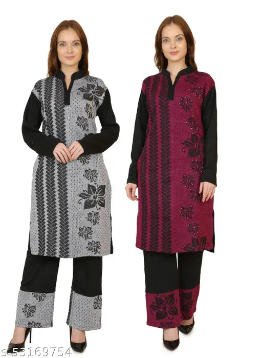 Wool printed net kurta set with pants for women, BLUSHH COLLECTION, long sleeves, pack of 2, Indian origin
