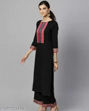 Black cotton slub fabric kurta set with duptta and bottomwear, solid pattern, three-quarter sleeves, cotton blend fabric on model