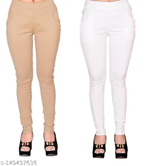 Stretchable Lycra jeggings (pack of 2), solid-pattern women's fashion. Comfortable elastane cotton fabric with side pockets for a trendy look. Sizes available: 28, 30, 32, 34, 36. Made in India