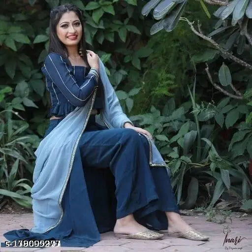 Blue Rayon Crop Top with Dupatta and Palazzo Set - Embellished net pattern, long sleeves, suitable for women's party wear in XL size (bust 42in), Regular Fit from Dressix, India origin