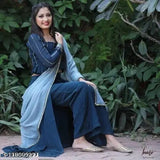 Blue Rayon Crop Top with Dupatta and Palazzo Set - Embellished net pattern, long sleeves, suitable for women's party wear in XL size (bust 42in), Regular Fit from Dressix, India origin