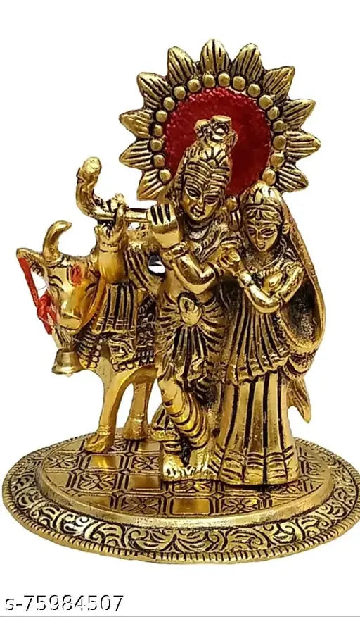 Metal Radha Krishna figure with cow, Indian Krishna idol on display