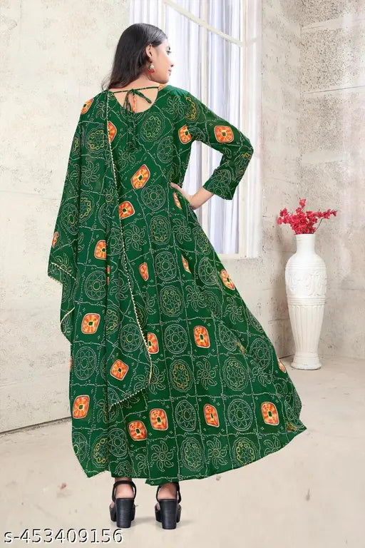 Green Georgette Gown with Floral Prints & Dupatta, Indian bridal wear on mannequin
