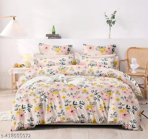 White Glace Cotton Super King Size Bedsheet with 2 Pillow Covers, 108 x 108 inches. Ideal for home and hotels, summer floral double bedsheet set