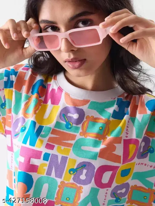 Trendy printed women's Lycra t-shirts, short sleeves, vibrant pattern, size S (36in bust, 24in length)