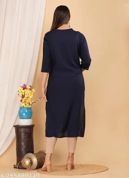 Rayon embroidered kurti, three-quarter sleeves, home-washable ethnic wear
