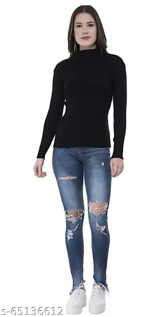 Wool high neck sweater, unique look & super soft quality for girls, solid pattern