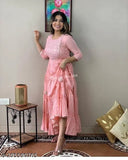 Anarkali pink rayon gown with embellished three-quarter sleeves, single size options available from S to 4XL