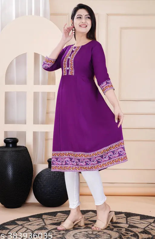 Purple rayon unstitched kameez with paisley embroidery, knee length