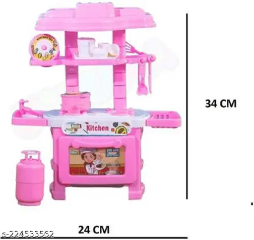 Girls plastic kitchen set in fabric net. Fun-filled pretend play cooking utensils, stove, oven, sink, accessories included." (94 characters)