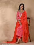 Multi-colored printed cotton blend kurta with poly chiffon dupatta and palazzos, featuring three-quarter sleeves. Women's size range from S to XXL, Indian origin