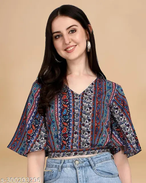 Printed crepe three-quarter sleeve crop top for women and girls, featuring floral patterns, made in India