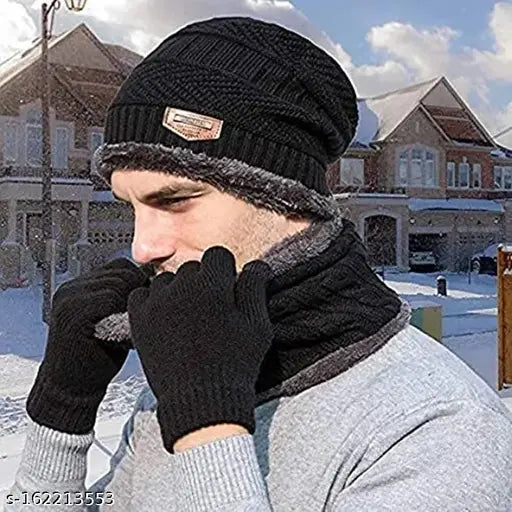 Winter knit beanie cap hat neck and woolen gloves set, warm and stretchable acrylic knit for all sizes, great for outdoor activities