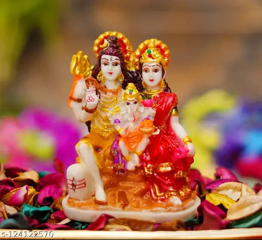 Multicolor polyresin Shiv Parivar statue, featuring Lord Shiv, Parvati, and Ganesh. spiritual showpiece for positive Vastu impact in North East direction