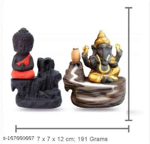 Golden & black polyresin Monk Buddha Ganesh Ji idol with 20 smoke cones for backflow incense, creating a smoky waterfall illusion