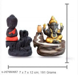 Golden & black polyresin Monk Buddha Ganesh Ji idol with 20 smoke cones for backflow incense, creating a smoky waterfall illusion