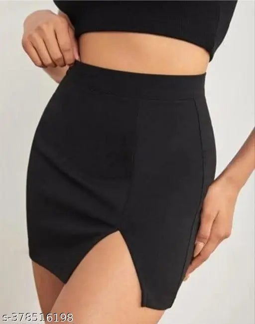 Black polyester mini pencil skirt for women, solid design, waist sizes: 26, 28, 30 inches, length: 16 inches, handcrafted in India
