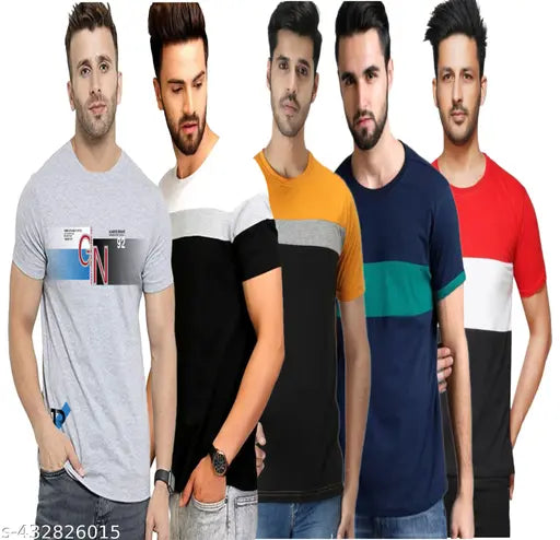 Cotton printed VOSIMO men's half sleeve T-shirt combo of 5 (S-XXL), Indian apparel collection on display