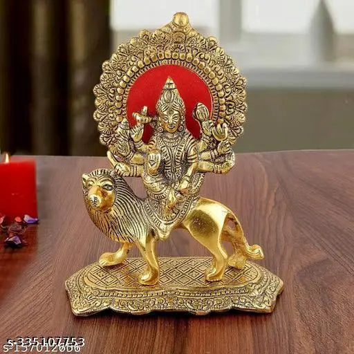 METAL HAND CARVED MAA DURGA MURTI IDOL FOR POOJA | DEVI MAA FIGURINE SHOWPIECE | GOLDEN COLOR SMALL SHERAWALI MATA ON LION | GODDESS MAA SHAKTI FOR NAVRATRI | BEAUTIFUL STATUE OF MAA AMBEY FOR HOME DECOR | SCULPTURE