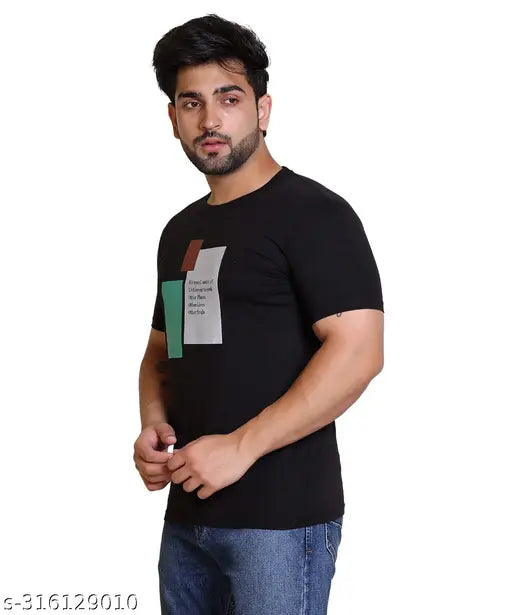 Black cotton MEXMY men's round typography t-shirt with short sleeves and printed pattern, size M (chest 19in, length 26in) made in India