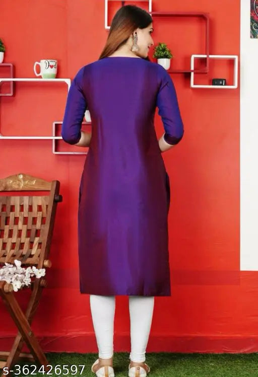 Art Silk purple embroidered kurti for women, three-quarter sleeves, size S-5XL, India origin