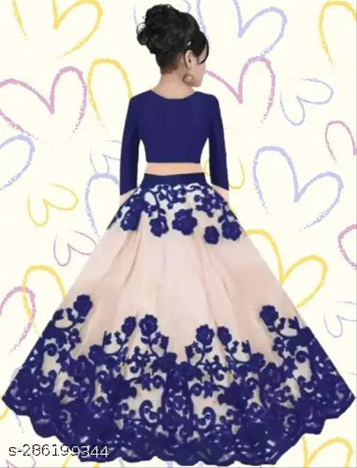 Embroidered net kids lehenga with three-quarter sleeves, semi-stitched, Indian handcrafted children's traditional clothing