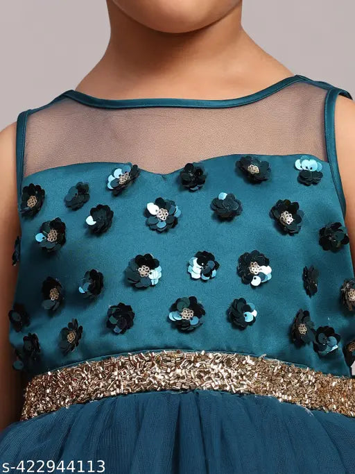 Teal blue embellished girls full length party dress
