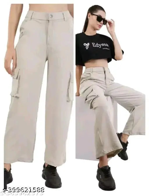 Solid khaki cotton lycra joggers, women's elastic waist