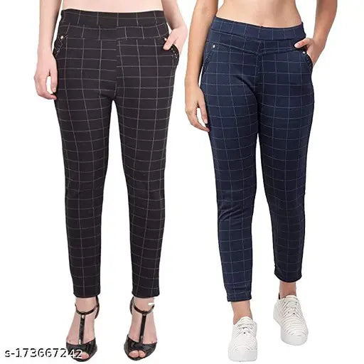 Comfortable checked Lycra jeggings for girls, stretchable waist sizes 26-32, India origin