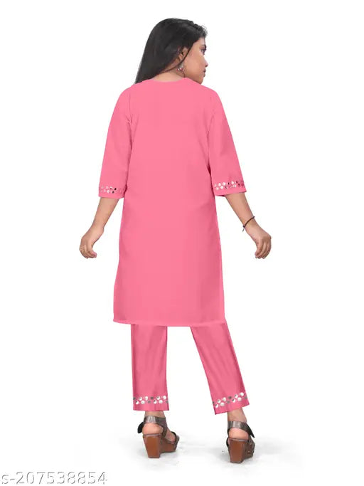 Baby pink Aari work kurti set, straight top with three-quarter sleeves, embellished design on crepe fabric for Indian kids fashion