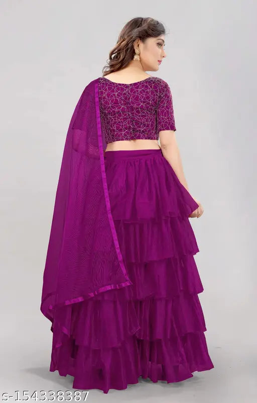 Embroidered satin lehenga set with ruffled dupatta and net bottomwear, semi-stitched for custom fit size, Indian party wear