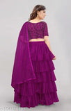 Embroidered satin lehenga set with ruffled dupatta and net bottomwear, semi-stitched for custom fit size, Indian party wear