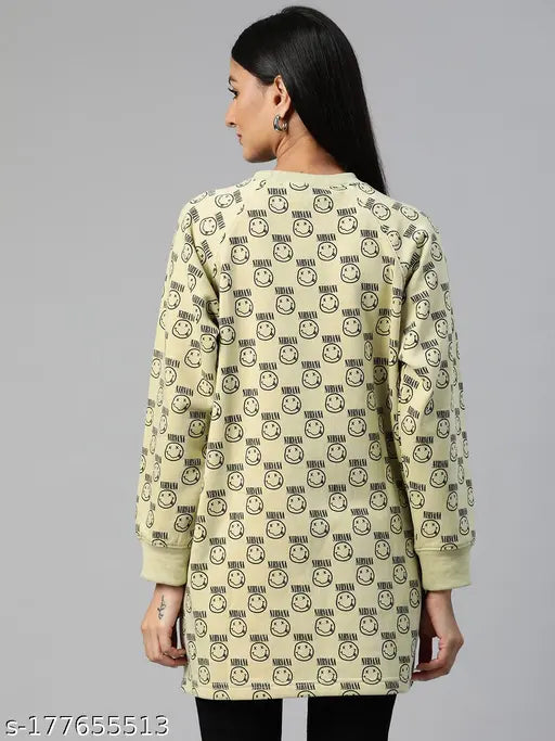 Lime green printed cotton blend sweatshirt for women, long sleeves, India-made