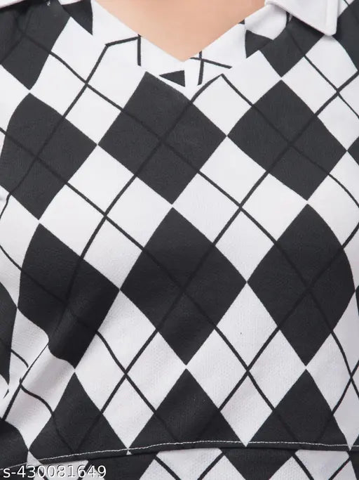 Checked cotton-blend long-sleeve women's t-shirt, all-over print, size S (Bust 34in, Length 24in)