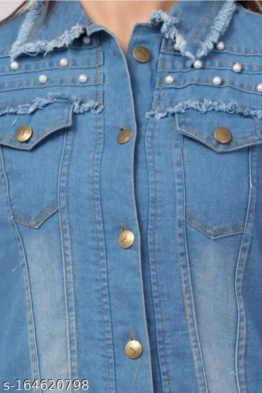 Women's solid denim jacket with jeans, long sleeves and matching blue tones on a hanger