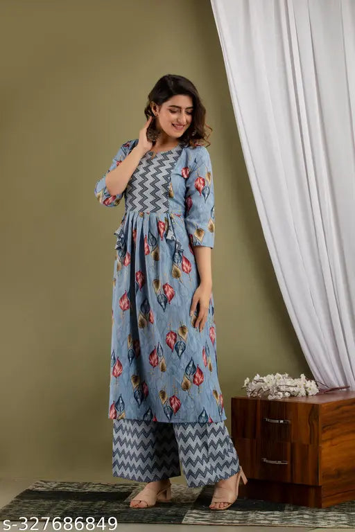 Cotton CE PATTI ZIGZAG A Kurta Set, printed kurti with matching palazzos from India