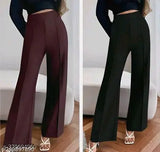 Black cotton blend relaxed fit women's high rise trousers pants combo set of 2